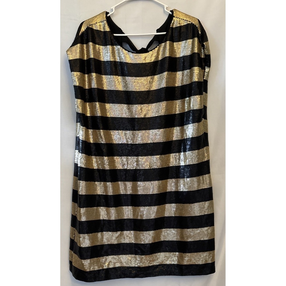 Vintage Oleg Cassini Lined Striped Sequin Shift Dress Cap Sleeve Back Tie 14